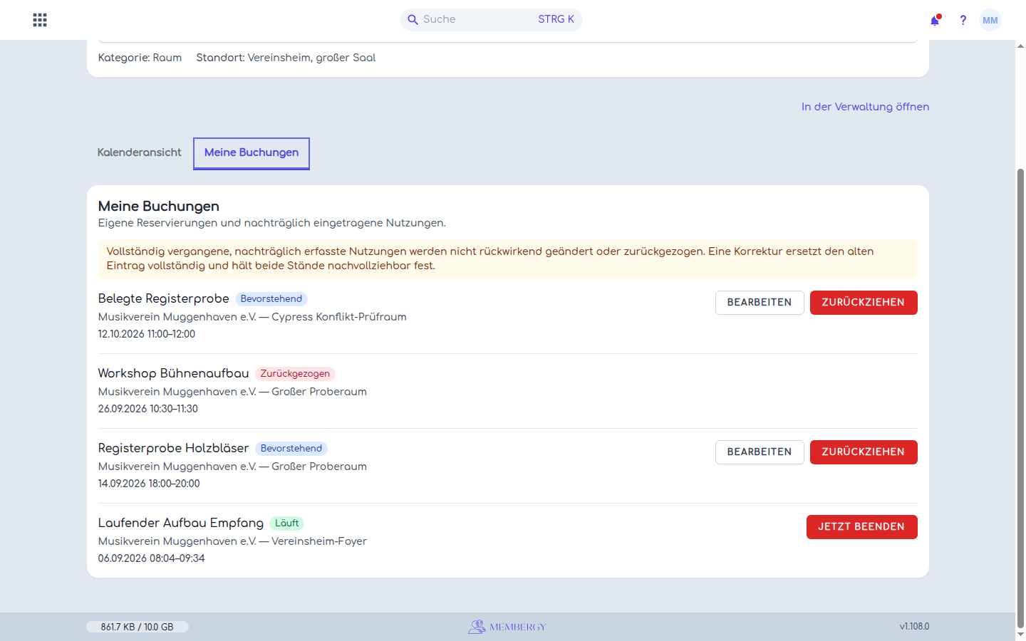 Eigene Buchungen mit Ressource, Zeitraum und Status