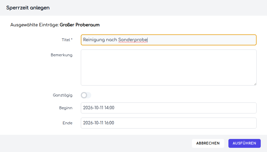 Zeitgebundene Sperrzeit für eine Reinigung