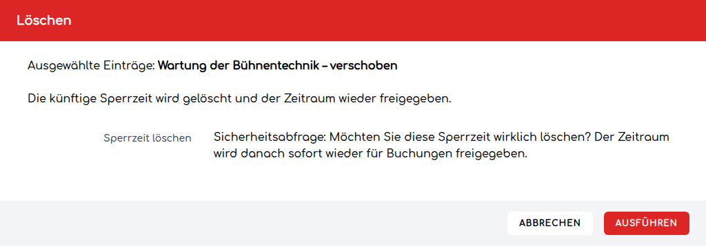 Bestätigung zum Löschen einer künftigen Sperrzeit