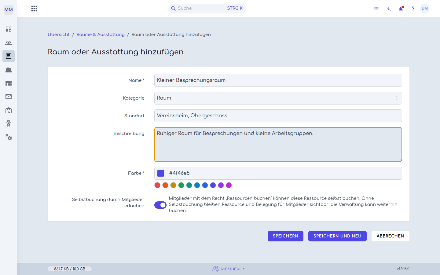 Stammdaten eines neuen Besprechungsraums